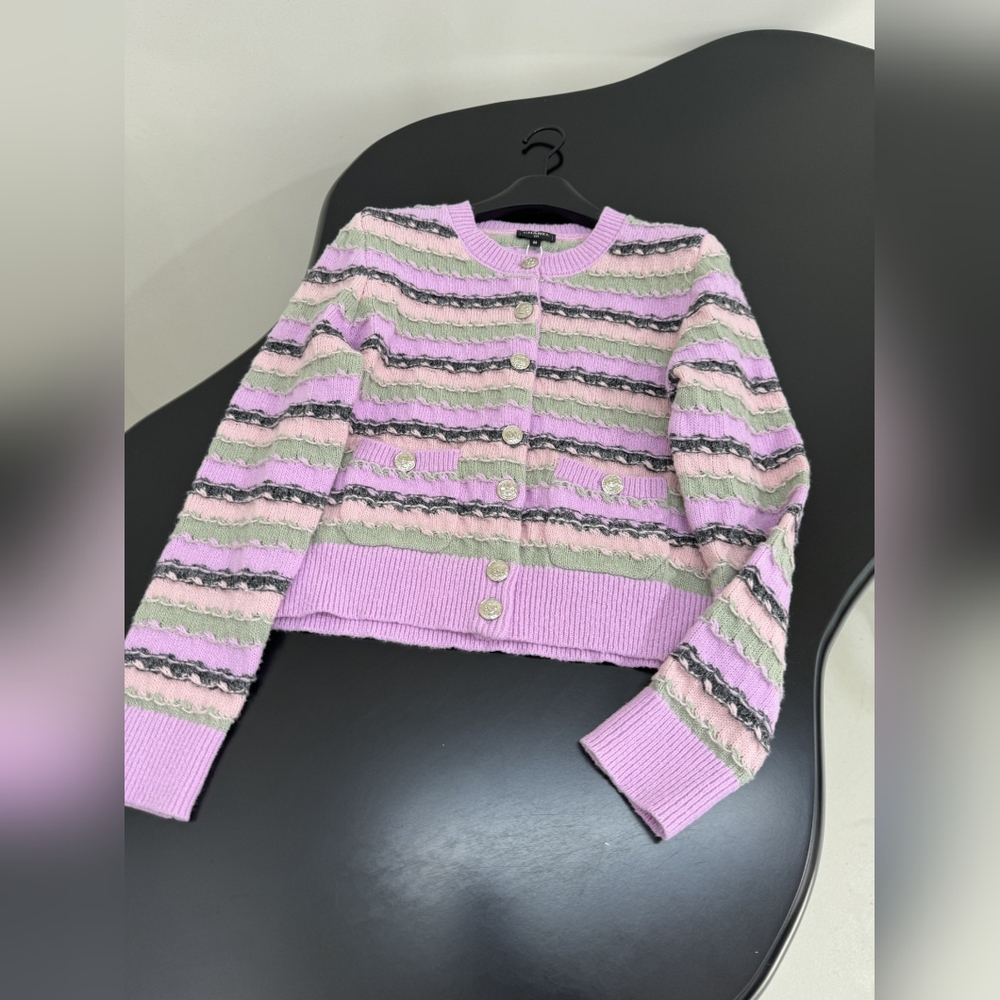 Purple striped women's cardigan sweater